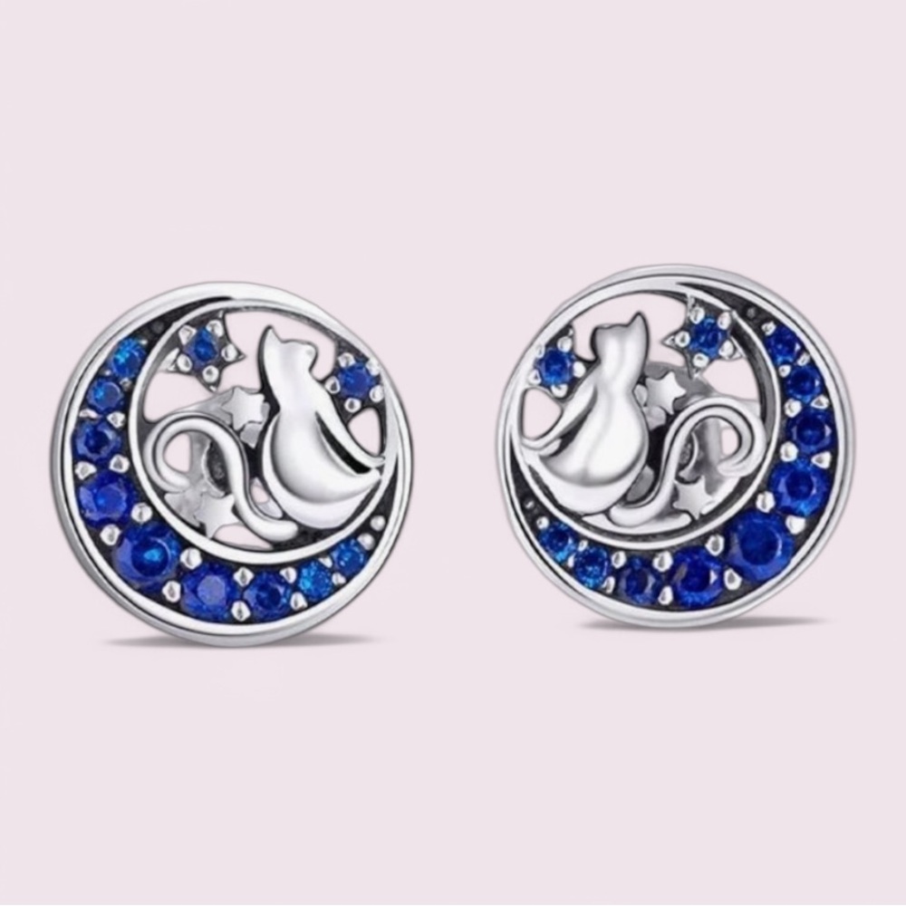 925 Sterling Silver Cat Moon Starts Royal Blue CZ Stud Earrings